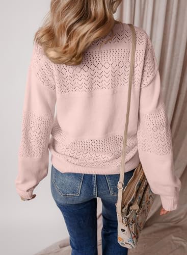 Image of SHEWIN Women's Sweaters Casual Long Sleeve V Neck Crewneck Lightweight Crochet Pullover Sweater Tops