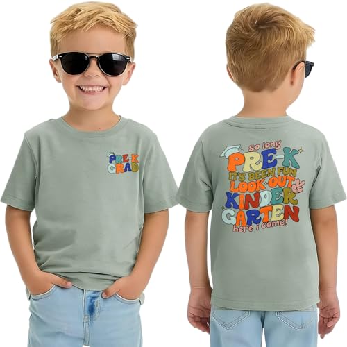 First Day of Kindergarten Shirt Toddler Boys So Long Pre-K Kindergarten Here I Come T-Shirt Kid Back to School Tee Top(Gray-Green)