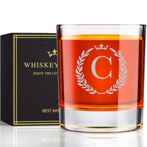 Image of Personalized Whiskey Glasses Gifts for Men, Monogrammed Engraved A-Z 10.6 oz Rocks Glass Customized Gift, Unique Christmas Birthday Gifts for Men Him Dad Husband Brother Son (C)