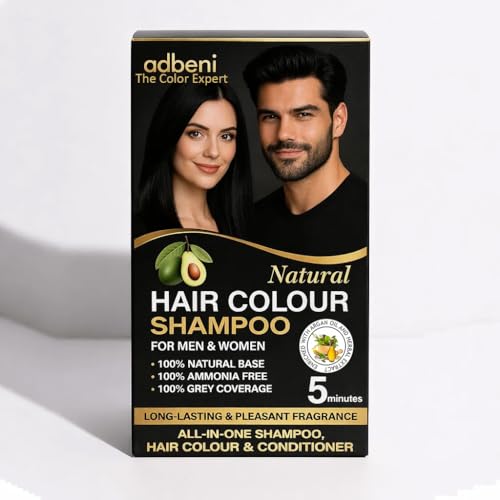 Image of Adbeni Natural Black Hair Color Shampoo with Conditioner for Men & Women | 5 Minute Grey Coverage | Ammonia Free, No Harsh PPD | Herbal Hair Dye Shampoo | 25ml x 5 Sachets