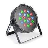 Con el proyector FlatPAR 118B de beamz siempre tendrás la luz de ambiente de tu fiesta bajo control. Con sus 18 ledes RGB de 1 W, el dispositivo hace posible una gran cantidad de efectos en muchas combinaciones de colores diferentes.