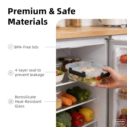 Image of Konokyo Black Glass Food Storage Containers with Lids, Meal Prep, 12 Pack
