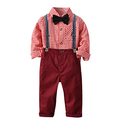 Baby Boys 2Pcs Gentleman Suit 2Pcs Outfits Clothes Set for 2-8T Little Kids Toddler Bow Tie Long Sleeve Plaid Shirt+Suspenders Pants (Red, 5-6 Years Old)
