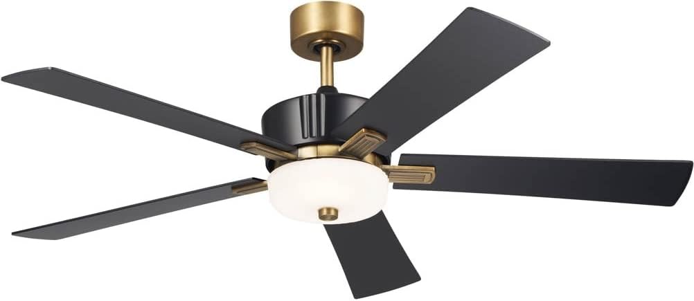 Kichler 56 Inch Icon 5 Blade LED Indoor Ceiling Fan with Etched Cased Opal Glass in Satin Black with Natural Brass Details 300395SBK