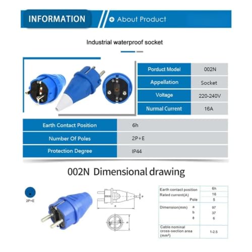 Enchufe industrial 16A con socket 220-240V e impermeable IP44 para talleres 5