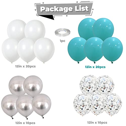 Image of Balloons Teal Blue White Silver 12inch Mettalic Chrome Silver Confetti Balloon Turquoise Blue Latex Balloons for Wedding Bridal Baby Shower Birthday Graduation Party Decorations