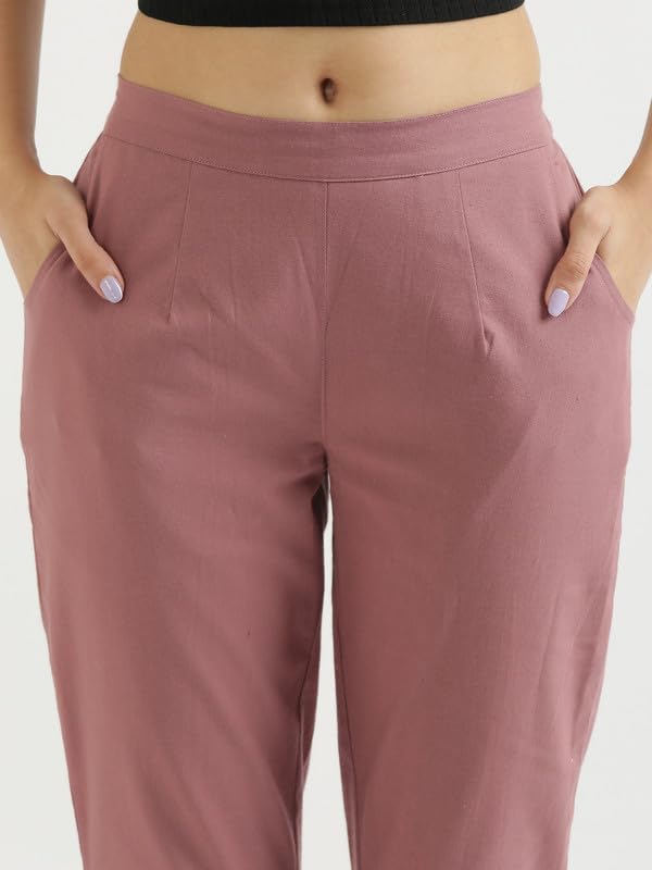 Image of SAADAA Women's Regular Fit Mid-Rise Cotton Pants | Half-Elasticated Waist | Comfortable Casual Trousers with 2 Pockets for Daily, Office & Travel Wear |