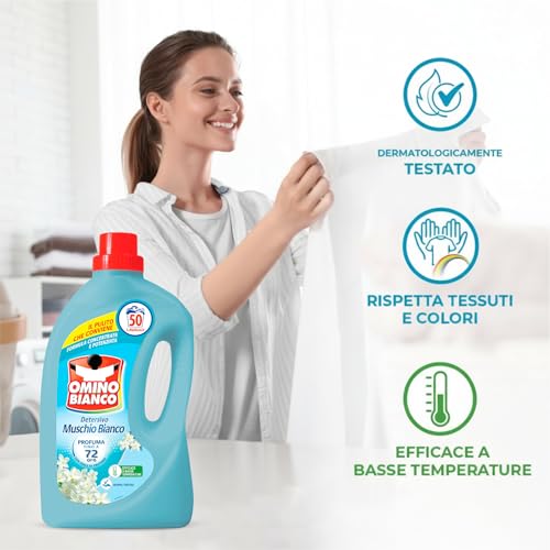 Omino Bianco - Detersivo Lavatrice Liquido, 50 Lavaggi, Rispetta Colori e Tessuti, Fresco Profumo con Essenza di Muschio Bianco, 2000 ml - Immagine 3