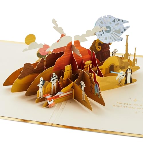 Hallmark Biglietto pop-up 3D per ogni occasione, motivo Star Wars, compleanno, festa del papà, Luke Skywalker, Obi Wan Kenobi, C-3PO, R2-D2, Stormtroopers, oro, giallo, rosso