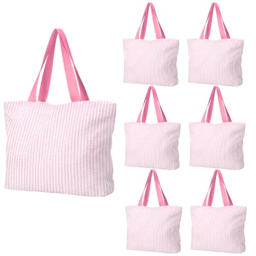 6/8 Pcs Beach Stripe Tote Bag Bridesmaid Seersucker Bag, Pink, 6 Pcs