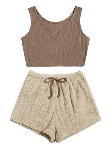 Soly Hux Women's 2 Piece Sleeveless Crop Tank Top And Fluffy Teddy Shorts Lounge Pajama Set Sleepwear Brown Khaki M #TOP11
