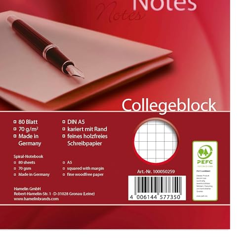 Landré Collegeblock A5 kariert Rand links, 160 Seiten, gelocht, 5 Stück