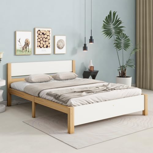 Lit futon 140 x 200 cm en bois de pin avec sommier à lattes - Cadre de lit en bois - Lit pour adultes, adolescents ou enfants - Lit principal ou invité (blanc + naturel, 140 x 200 cm)