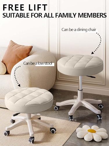 Image of Small Chair Round Rolling Stool with Wheels PU Leather Height Adjustable Swivel Drafting Work SPA Salon Stools Home Office Chair,2 Pack