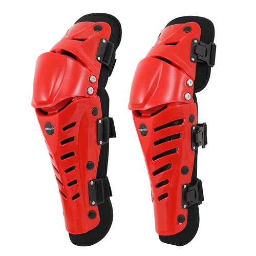 Knee Shin Guards Motorcycle Protective Gear, Knee Pads 3 Sections Adjustable Leg Armor Crashproof 1 Pair, Motocross Gear for Men MTB Riding Mountain Bike (Red, Regular)