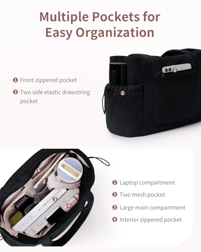 ECOHUB Large Corduroy Tote Bag with Stanley Cup Holder, Travel Tote Bags for Women, Shoulder Tote Bag with Laptop Compartment3