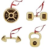 Wooden Weightlifting Christmas Tree Ornament 4 Piece Set, Including Weight Plate, Barbell, Kettlebel