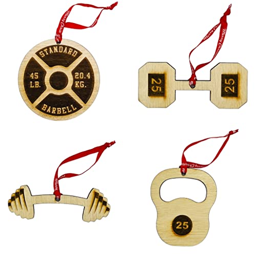 Wooden Weightlifting Christmas Tree Ornament 4 Piece Set, Including Weight Plate, Barbell, Kettlebell, And Dumbbell, Laser Etched, Made In The Usa, Weightlifting Gift, Fitness Ornament #TOP13