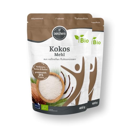 Produktfoto von BORCHERS Bio Kokosmehl, 2x 400g, fein vermahlen, teilentölt, naturbelassen, leichte Süße, Proteinquelle,&hellip;
