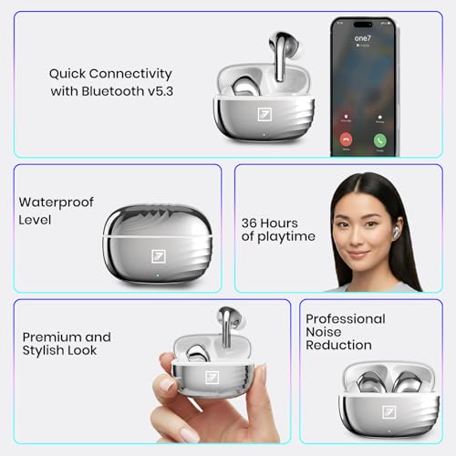 Image of ONE 7 Shine PODS Wireless in-Ear Earbuds | 13mm Dynamic Driver | Deep Bass | ENC Calling | Bluetooth v5.3 | Up to 36 Hours Playtime | Lightweight with Silicone Case (ON TWS-54) (Silver)