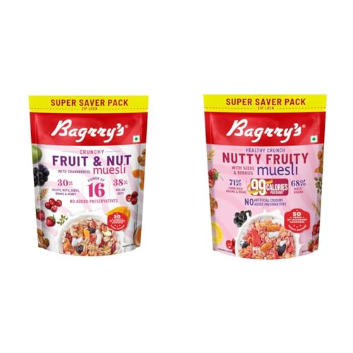 Image of Bagrry's Crunchy Fruit & Nut Muesli with 30% Real Fruits, Nuts & Seeds- 750G | 16 Real & Freeze + Bagrry's Crunchy Nutty Fruity Muesli with Seeds & Berries 1kg | 78% Fruit, Nuts, Seeds &