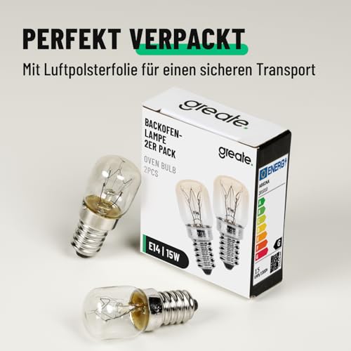 greate® Backofenlampe E14 15W - 2er Pack Backofen Lampe 300 Grad für Backöfen, Grillöfen, Mikrowellen - 15 Watt Glühbirne Backofen 75 Lumen & 2700K - E14 Backofenlampe