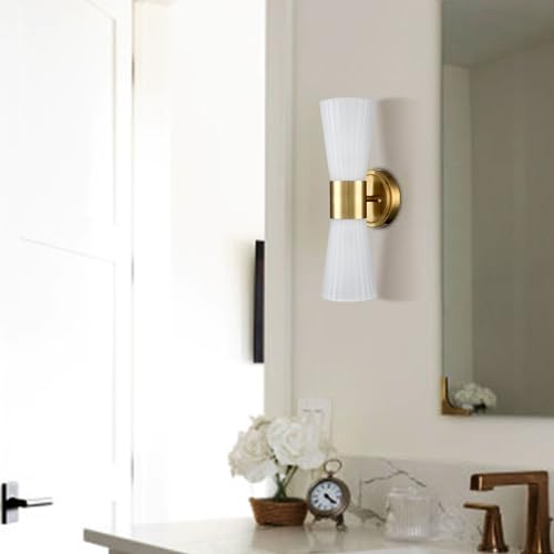 Image of Modern Wall Vanity Light Fixture Brushed Gold Wall Sconce, Adjustable Direction Up Down Wall Light with Frosted Milk White Striped Glass Shade for Living Room Bedroom Bathroom Hallway
