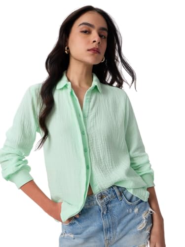 Image of The Souled Store Textured Shirt: Women and Girls Full Sleeves Spread Collar Solid Cotton Regular Fit Lightweight All-Season Shirt for Casual Wear