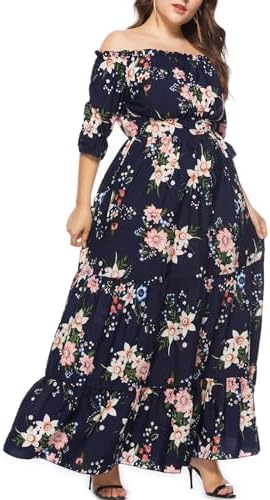 FEOYA Plus Size Off The Shoulder Maxi Dress Floral Polka Dot Boho Party