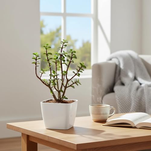 Image of Live Jade Indoor Plant with White Decorative Pot | Lucky Succulent Plant for Home & Office Decor | Low Maintenance Natural Tabletop Greenery (3Inch Pot, White) (Jade)