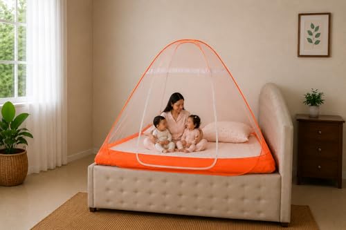 Image of Healthy Sleeping Mosquito Net | Double Bed | Supreme King Size Bed | Foldable Machardani with 2 Side Zipper Opening | Strong 30GSM Polyester Net | PVC Coated Steel Wire (Orange)