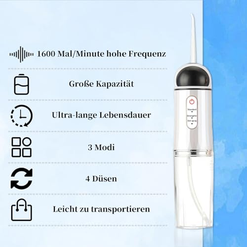 Peran Munddusche Kabellos,Elektrischer Zahnreiniger,3-Gang-Einstellung mit 4 Düsen Wasser Flosser IPX7 Wasserdicht,230ML Reise Elektrischer Zahnreiniger für die Reinigung von Mund und Zahnspange – Bild 5