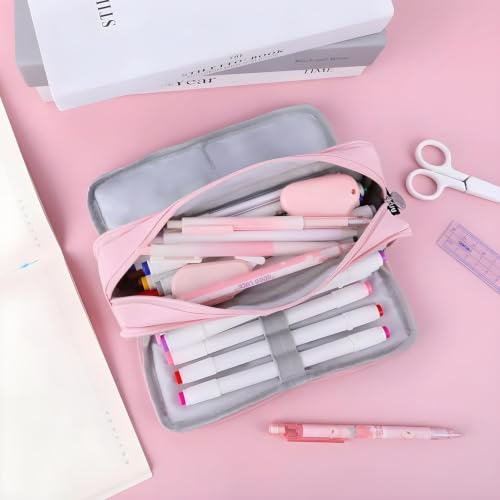 Image of Kawaii Cute Aesthetic Pencil Case for Girls & Boys | 3 Layer 6 Compartment Large Capacity Pencil Pouch with Zipper | Cartoon Stationery Organizer Bag for Students & Kids (Special 2 (Pink))