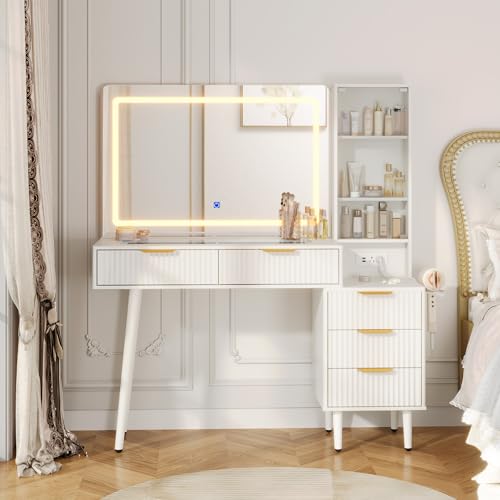 MilleLoom Makeup Vanity Desk with Mirror and Lights, 48" Fluted
