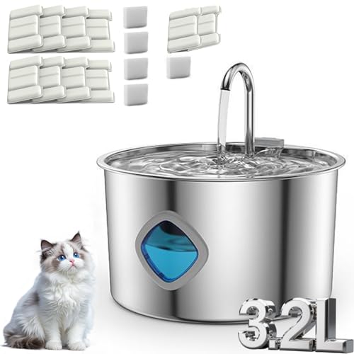 Purrify Cat Water Fountain, 3.2l/108 Fl Oz Purrify Stainless Steel Water Fountain for Cats & Small Dogs, Large Capacity, Natural Circulation Filtration (Silver, 1PC + 10 Filter)