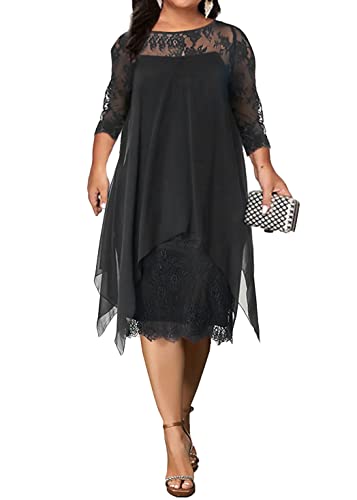 shownicer Damen Übergröße Spitzenkleid 3/4 Ärmel Loose Elegant Cocktailkleider Abendkleid Partykleider Brautjungfer Kleid Knielang Rockabilly...