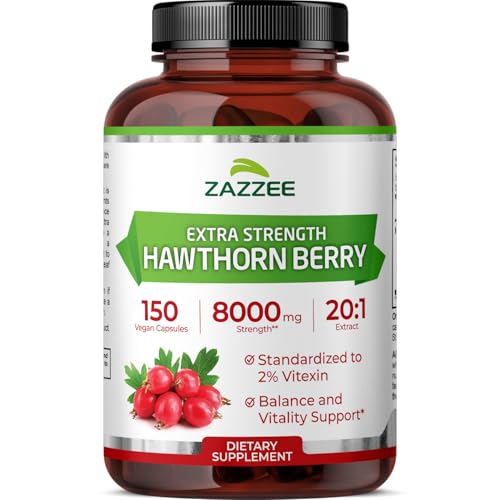 Zazzee Extra Strength Hawthorn Berry 20:1 Extract, 8000 mg Strength, 2% Vitexin, 150 Vegan Capsules, 5 Month Supply, Concentrated and Standardized Potent 20X Extract, Non-GMO and All-Natural