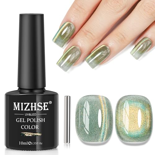 MIZHSE Cat Eye Gel Nail Polish, Green Magnetic Gel Polish with Magnet Stick, Starry Effect Trendy Salon Shimmer Nail French Soak Off Manicure Home