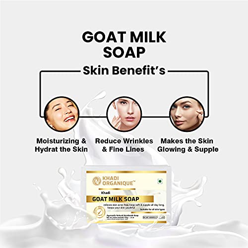 Image of Khadi Organique Handmade Natural Goat Milk Soap Bar with Castor, Almond & Rice Bran Oils | Deep Moisturizing, Hydrating & Nourishing Formula | For Men & Women | 125g Each (Pack of 3)