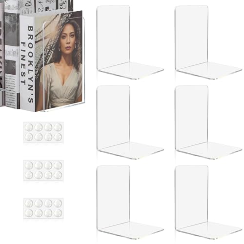 Aurinovellia 6 Piezas SujetaLibros Estanteria, Sujetalibros de Acrílico Transparente con 24 Almohadillas Antideslizantes, Organizador de Libros de 3 mm de Grosor, para Escuela Casa Oficina 10x10x13cm