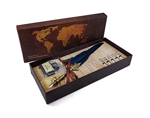 Toysvill Retro Feather Pen Set, Quill Pen Set Calligraphy Writing Dip Pen With Black Ink, 5 Replacement Nibs, Pen Stand Base, Luxury Vintage Signature Pen (Blue) #TOP21