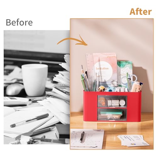 Image of Marbrasse Pen Organizer with 2 Drawer, Multi-Functional Pencil Holder for Desk, Desk Organizers and Accessories with 5 Compartments + Drawer for Office Art Supplies (Red)