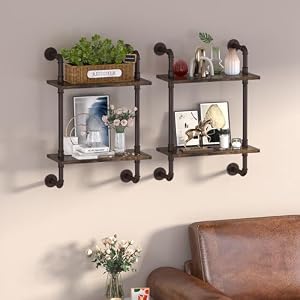 Helsin 2 Tier Industrial Pipe Floating Bathroom Shelves 16inch Rustic Wood Wall Mounted Shelf Storage Rack Sundries Holder for Kitchen Office Bathroom Organization Home Decor
