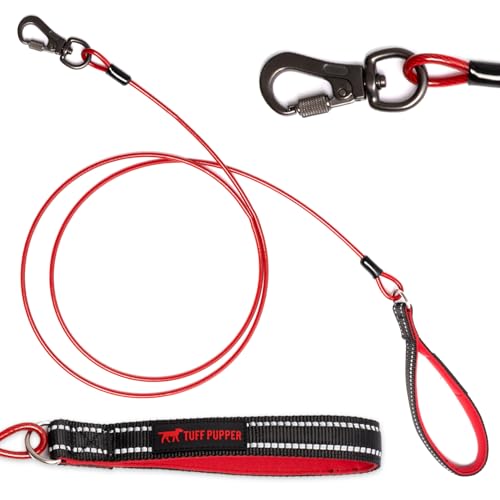 Tuff Pupper Chew Proof Dog Leash | Steel Cable Bite Resistant Lead | Twist Lock Carabiner | Heavy Duty for Large Dogs & Teething Puppies | Comfortable Padded Handle | 4FT & 6FT Lengths (Red 4 Feet)
