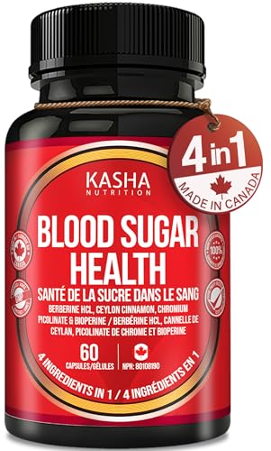 KASHA Nutrition Blood Sugar Health with Berberine HCL 250mg, Ceylon Cinnamon 250mg, Chromium 100mcg and Bioperine 5mg per capsule - Proudly Canadian | Non-GMO, Vegan, Gluten Free, Soy Free | Carefully Formulated Blend. Vegetarian. 60 Capsules. 30 Day Supply.