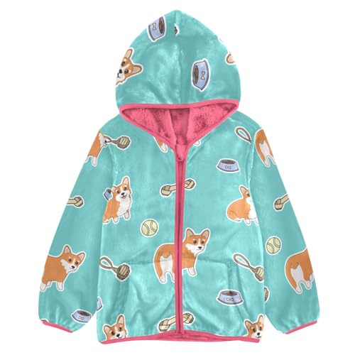 OTVEE Cartoon Corgi Dog Animals Kids Hoodie Jacket Fall Spring Full Zip Warm Outwear Coat