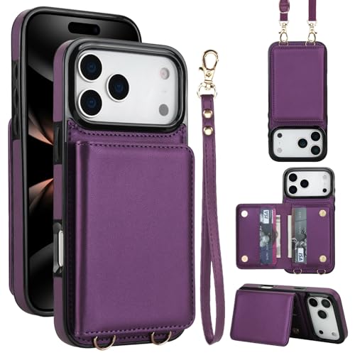 Étui iPhone 17 Pro violet foncé portefeuille en cuir à rabat avec bandoulière