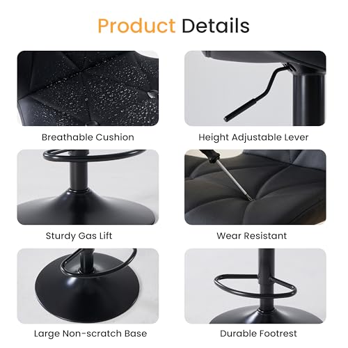 Image of HealSmart Bar Stools Set of 2, Adjustable Faux Leather Swivel Bar Stools, Counter Height Bar Chairs with Back for Kitchen Island, 360 Swivel, 300 lbs Capacity, Black