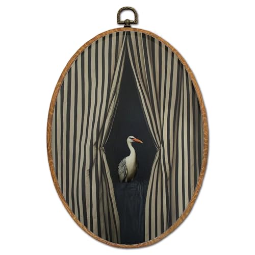 DEQSX Vintage Crane Oval Wall Art, Striped Curtain Moody Modern