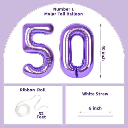 Image of Number Balloons for Birthday Decorations - 40 Inch Large Party Balloons 50, Purple Foil Number Balloons for Boys Girls, Balloons for Party Supplies